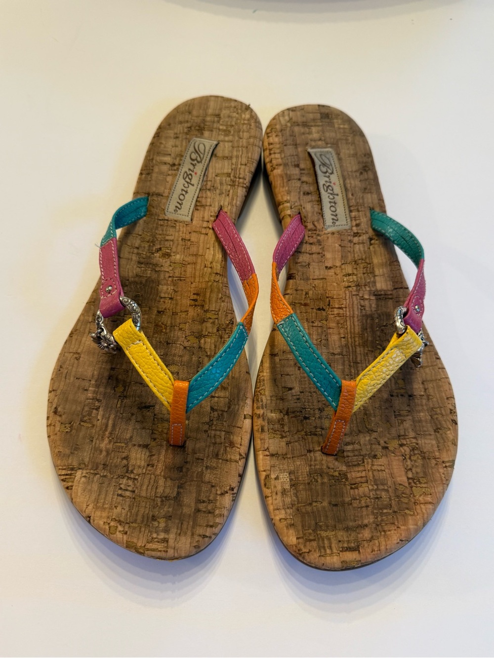 Brighton Cork Thong Flip Flops Multi Color Leather Straps Charm Sandals Sz 9